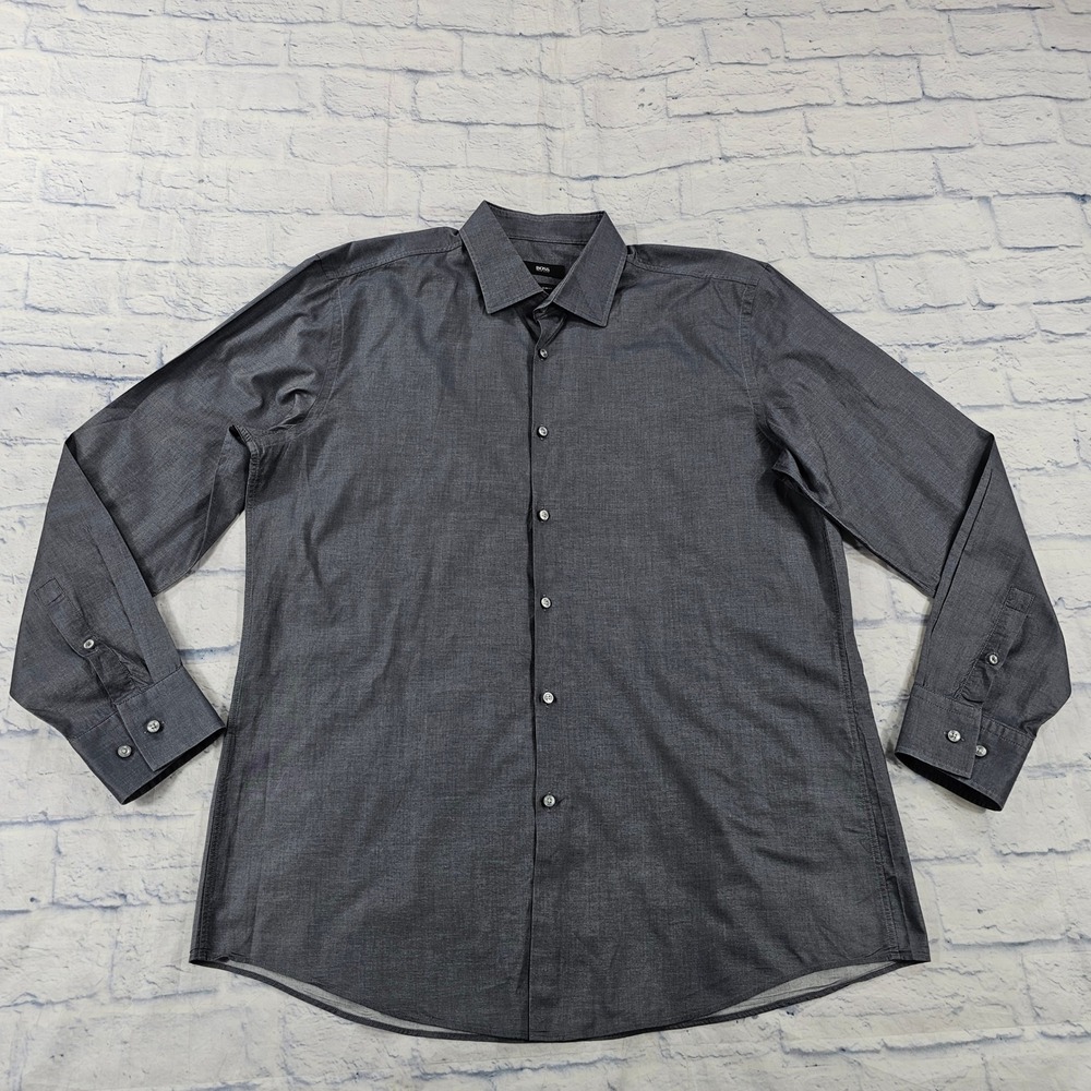 Hugo Boss Button Down MENS 16.5 Charcoal Grey Slim Fit Albiate Italian Cotton
